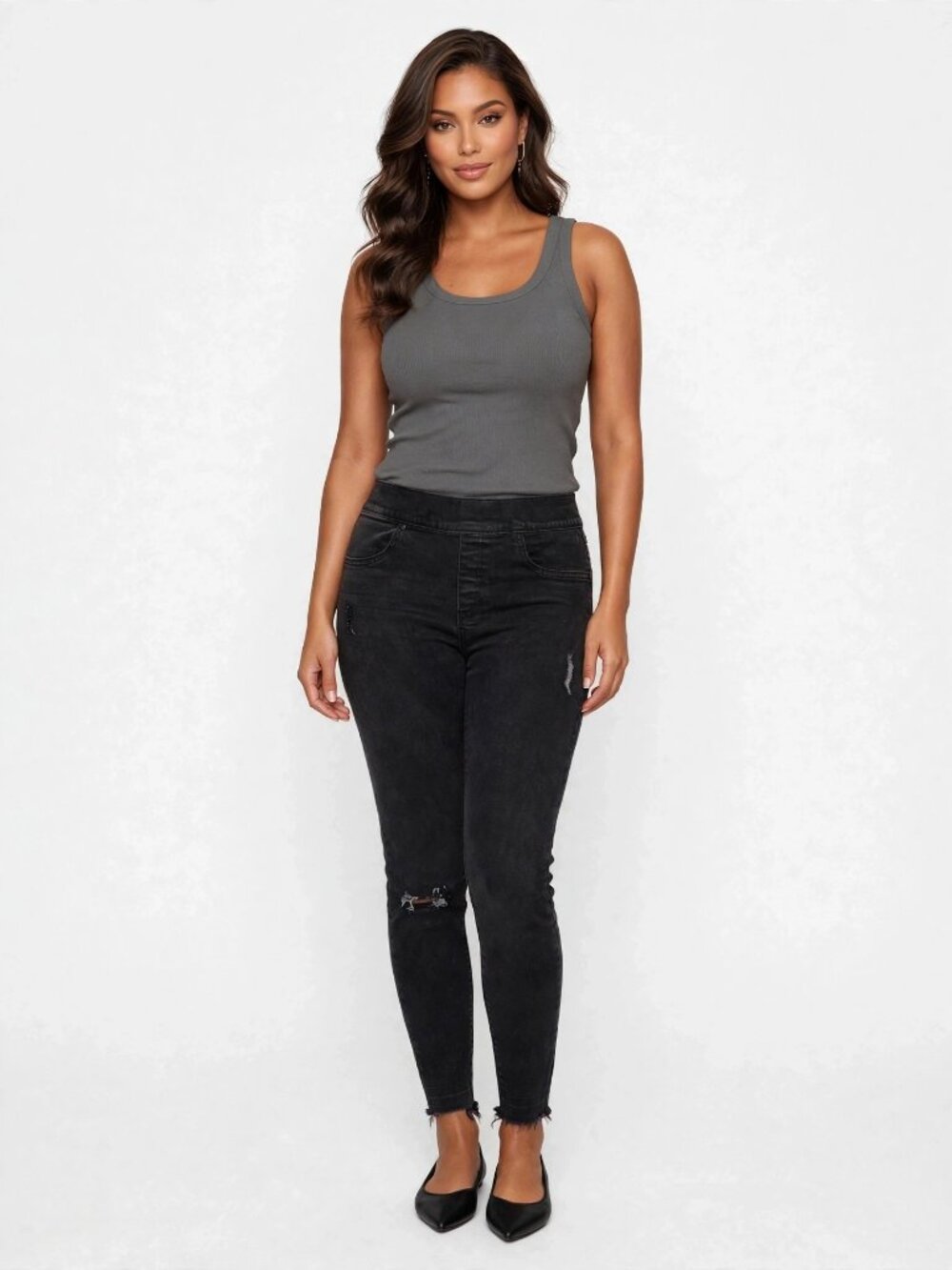 Spanx Black Distressed Skinny Jeans M — Pull-On Elastic Waist Frayed Hem